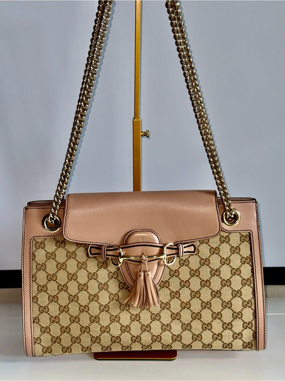 Gucci Emily Pink GG Canvas Shoulder Horsebit Handbag Authentic